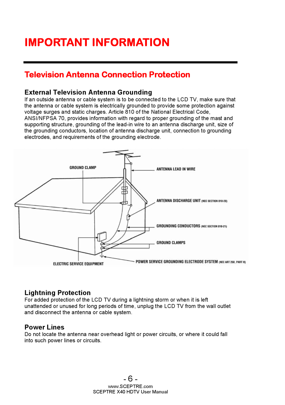 Sceptre Technologies X40 user manual Television Antenna Connection Protection, External Television Antenna Grounding 