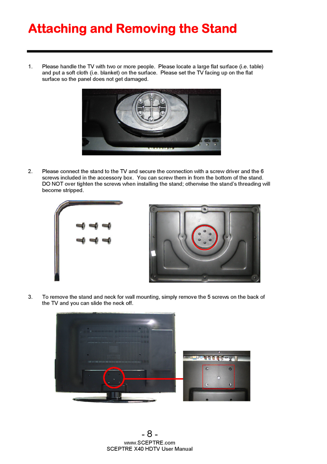 Sceptre Technologies X40 user manual Attaching and Removing the Stand 