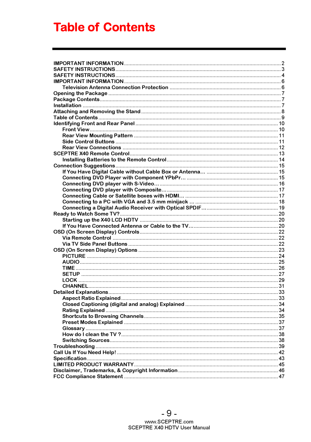 Sceptre Technologies X40 user manual Table of Contents 