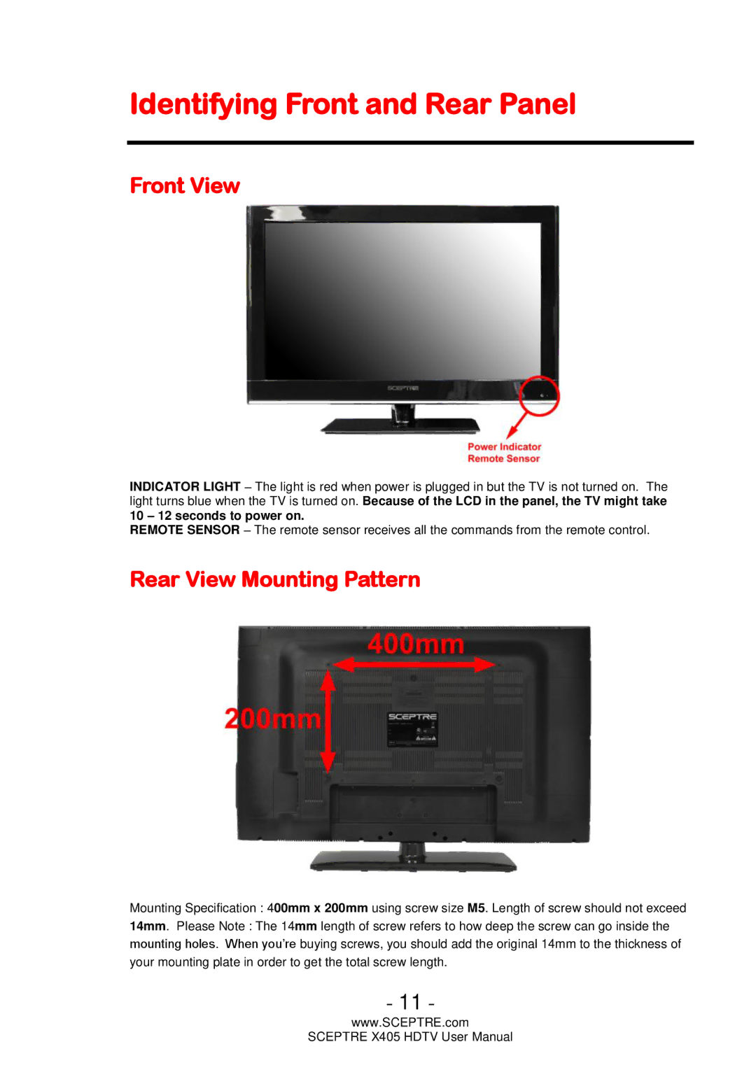 Sceptre Technologies Sceptre LCD HDTV, X405 Identifying Front and Rear Panel, Front View, Rear View Mounting Pattern 