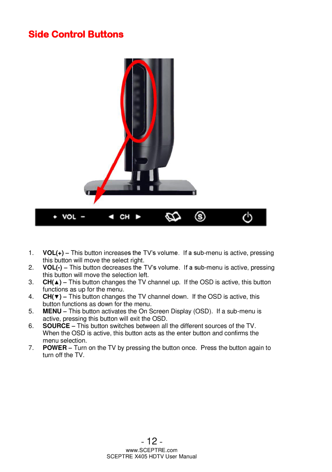 Sceptre Technologies X405, Sceptre LCD HDTV user manual Side Control Buttons 