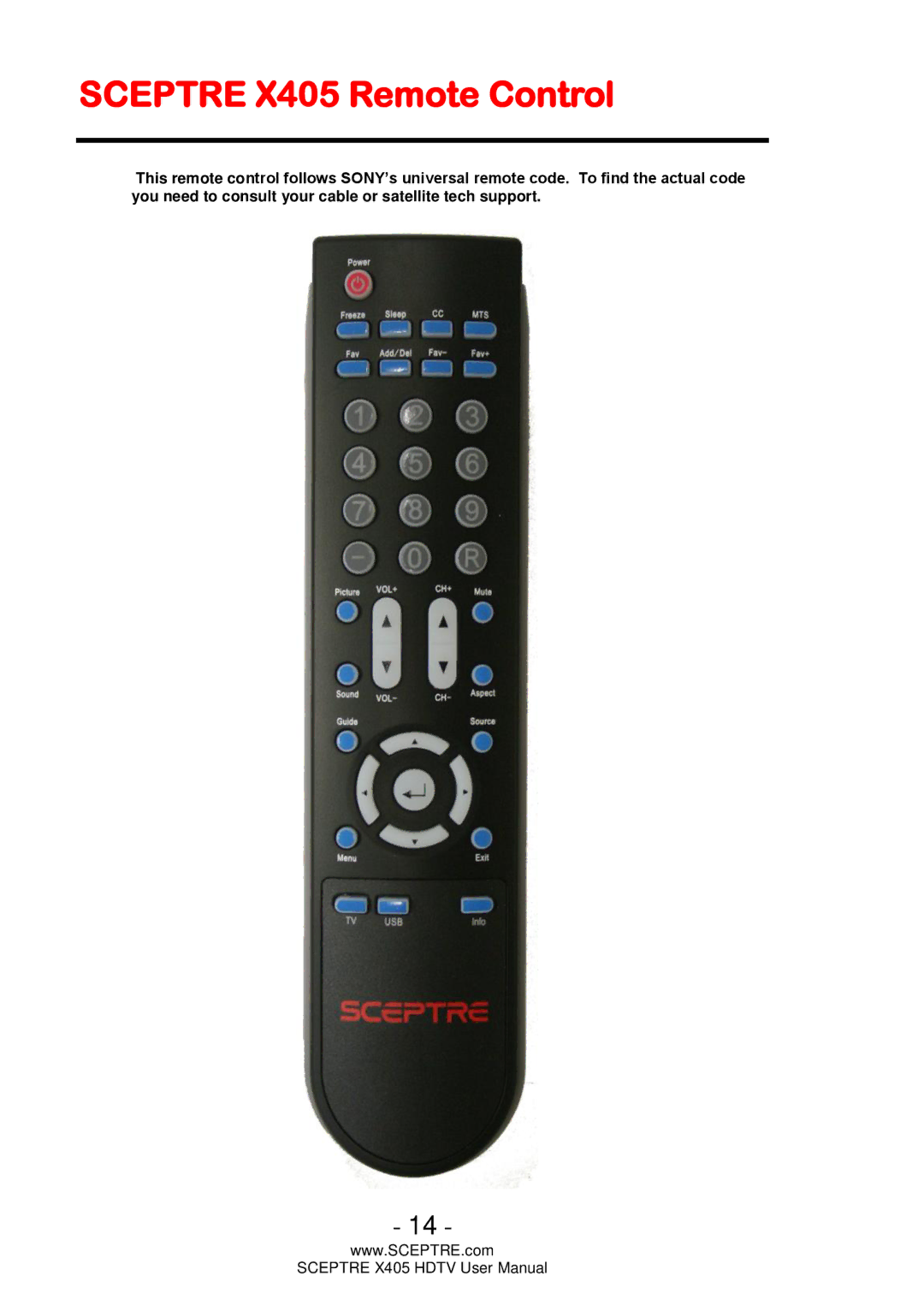 Sceptre Technologies Sceptre LCD HDTV user manual Sceptre X405 Remote Control 