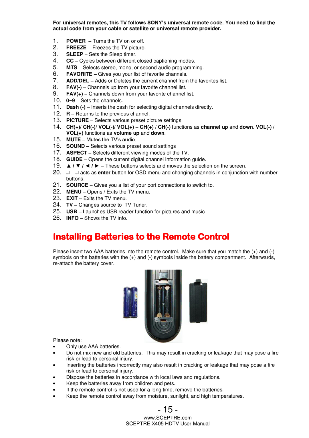 Sceptre Technologies Sceptre LCD HDTV, X405 user manual Installing Batteries to the Remote Control 