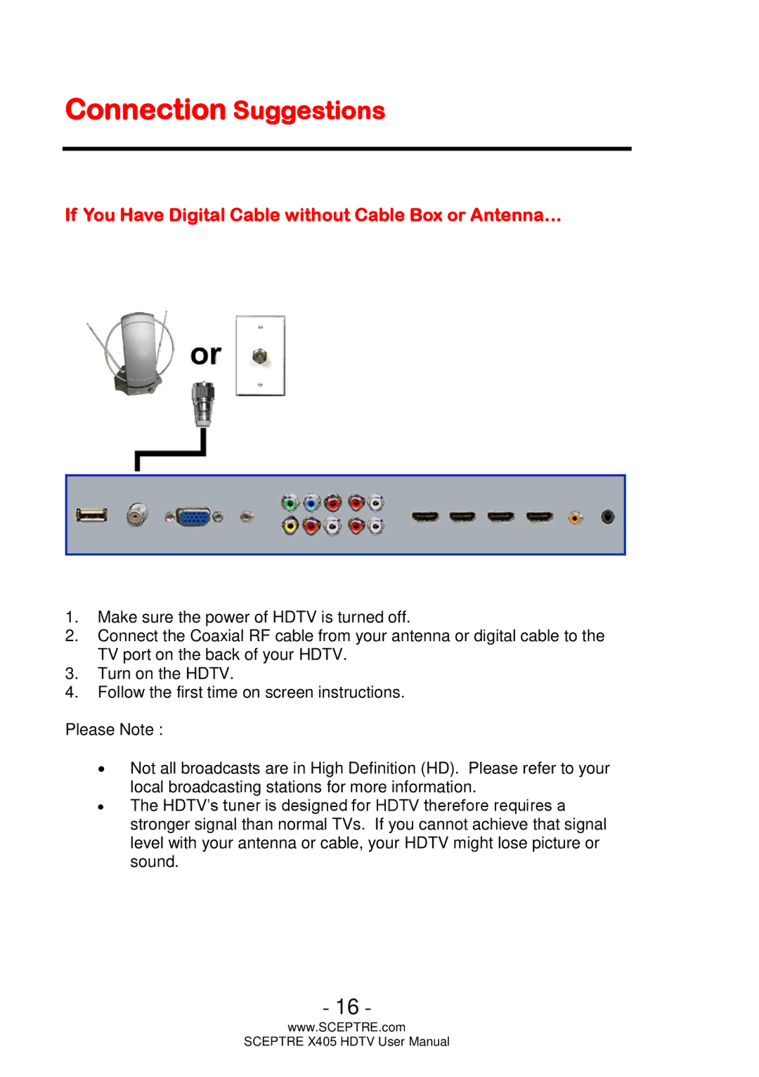 Sceptre Technologies X405 user manual Connection Suggestions, If You Have Digital Cable without Cable Box or Antenna… 