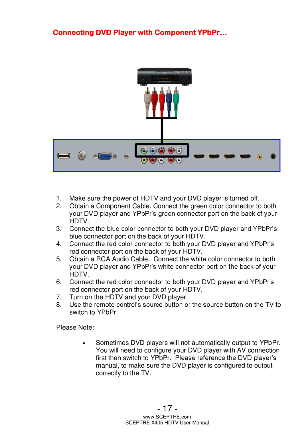 Sceptre Technologies Sceptre LCD HDTV, X405 user manual Connecting DVD Player with Component YPbPr… 