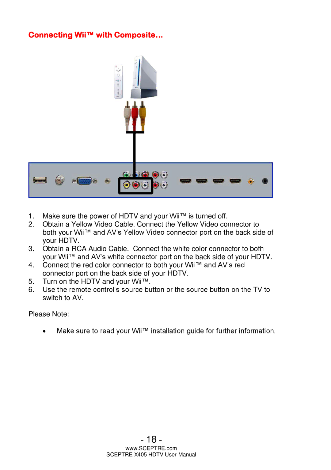 Sceptre Technologies X405, Sceptre LCD HDTV user manual Connecting Wii with Composite… 