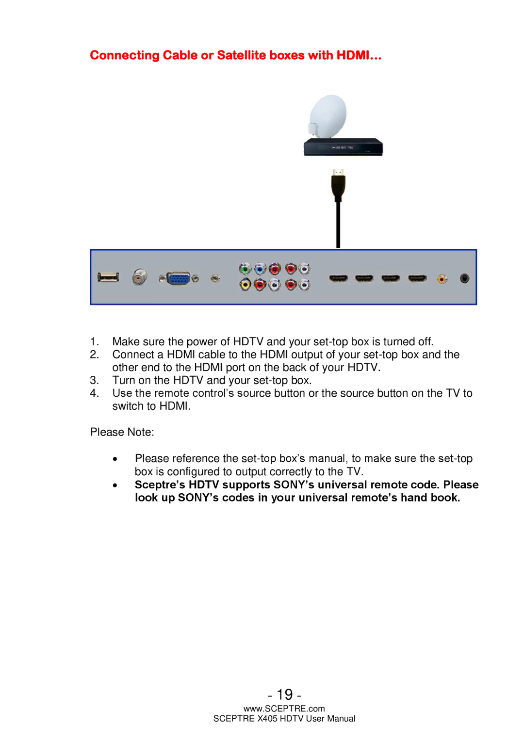 Sceptre Technologies Sceptre LCD HDTV, X405 user manual Connecting Cable or Satellite boxes with HDMI… 