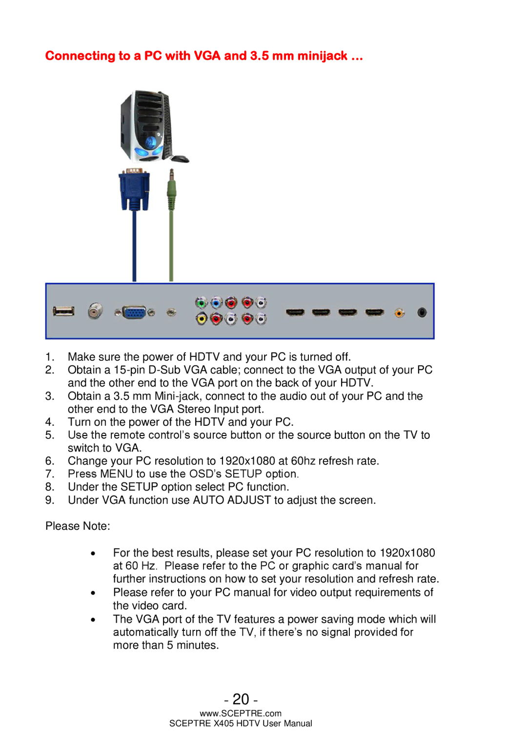 Sceptre Technologies X405, Sceptre LCD HDTV user manual Connecting to a PC with VGA and 3.5 mm minijack … 