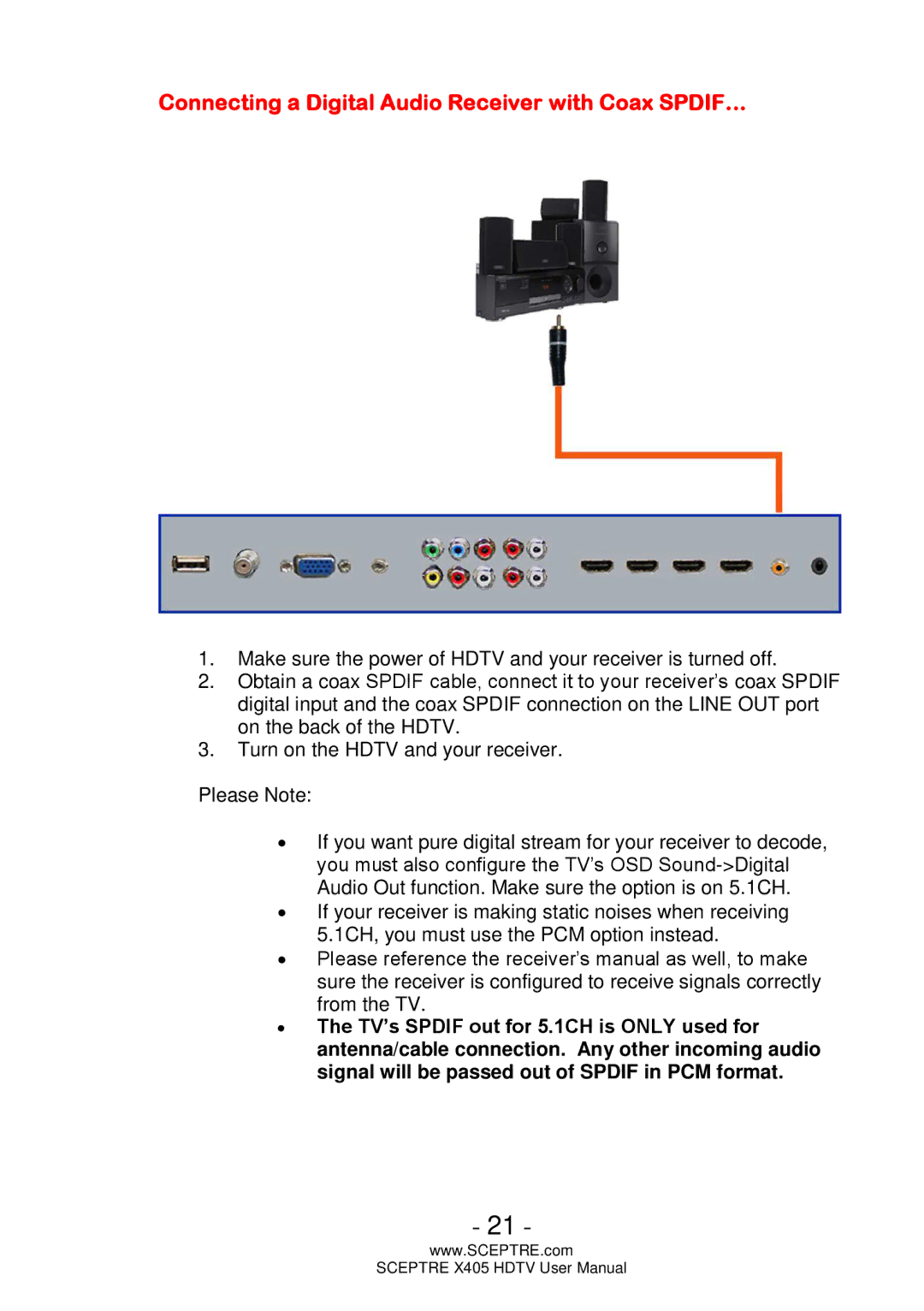 Sceptre Technologies Sceptre LCD HDTV, X405 user manual Connecting a Digital Audio Receiver with Coax SPDIF… 