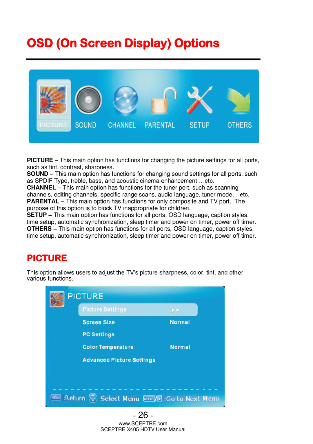Sceptre Technologies X405, Sceptre LCD HDTV user manual OSD On Screen Display Options, Picture 