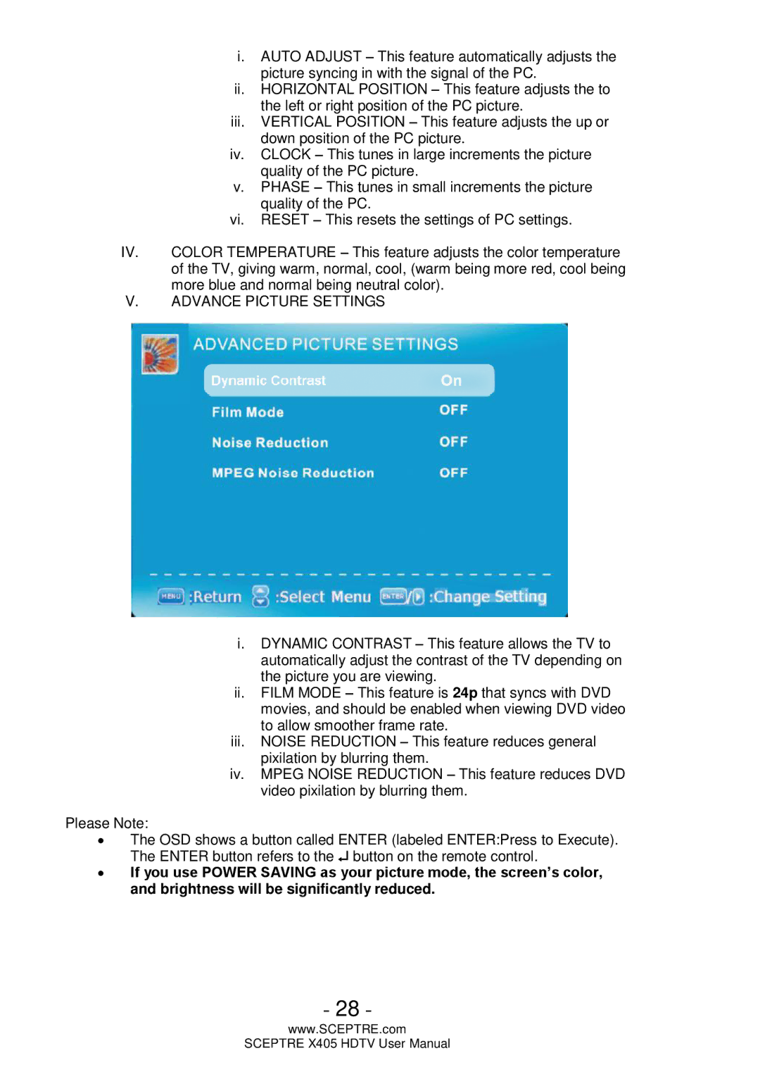 Sceptre Technologies X405, Sceptre LCD HDTV user manual Advance Picture Settings 