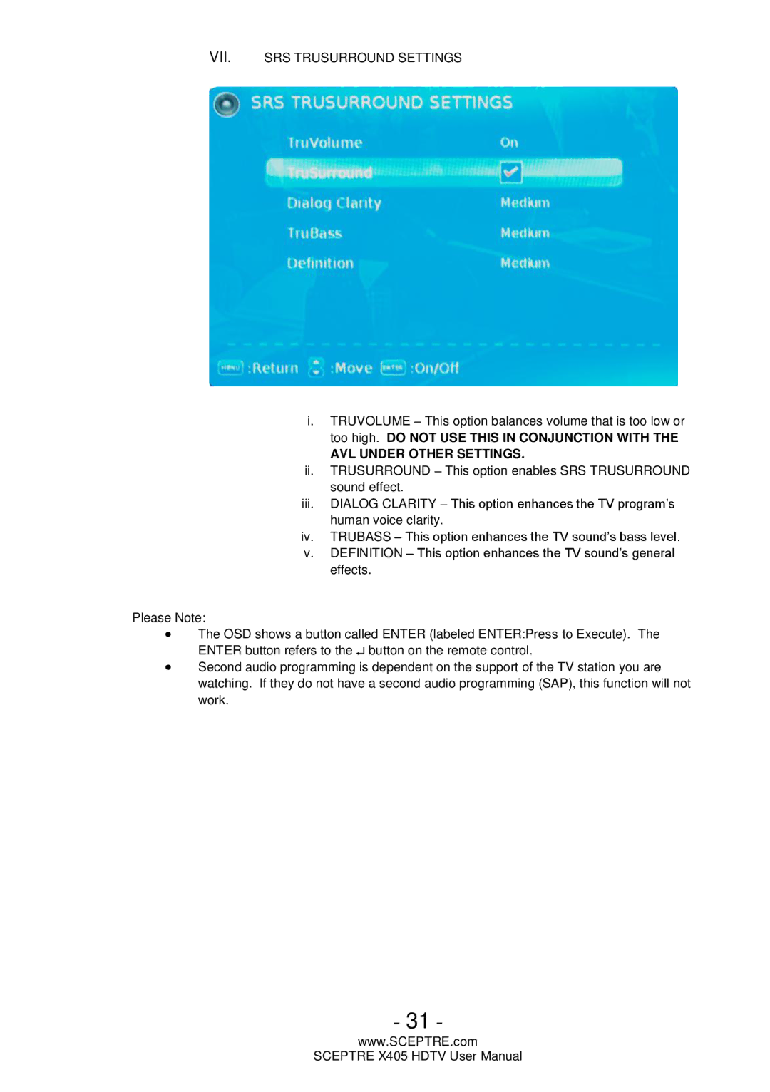 Sceptre Technologies Sceptre LCD HDTV, X405 user manual AVL Under Other Settings 