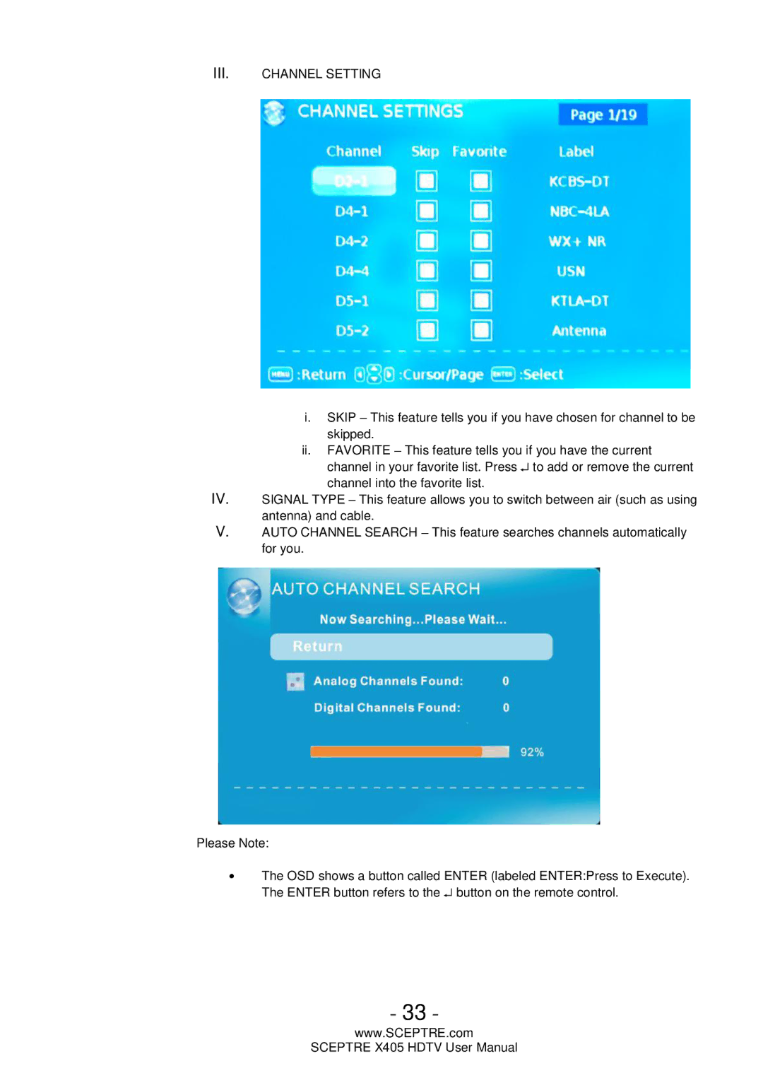 Sceptre Technologies Sceptre LCD HDTV, X405 user manual III. Channel Setting 