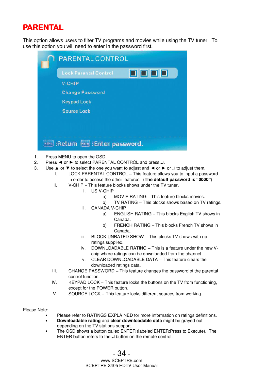 Sceptre Technologies X405, Sceptre LCD HDTV user manual Parental 