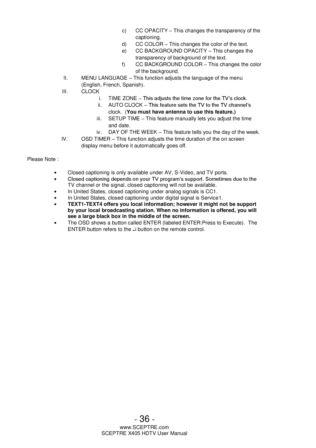 Sceptre Technologies X405, Sceptre LCD HDTV user manual III. Clock 