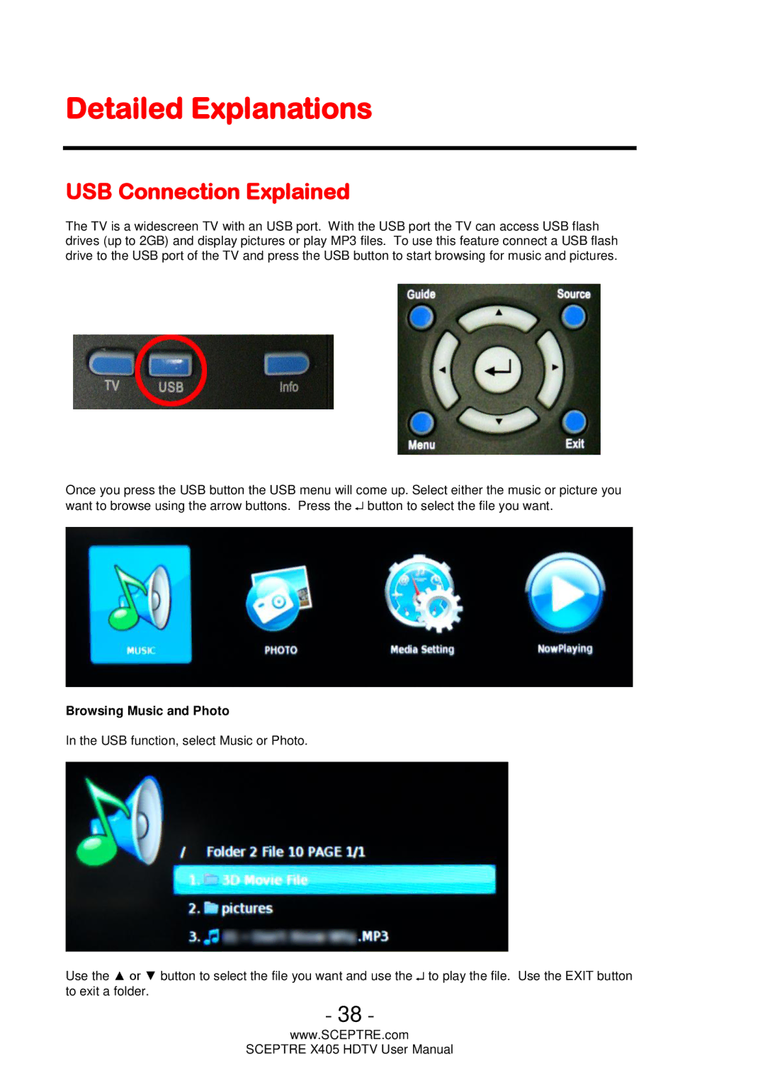 Sceptre Technologies X405, Sceptre LCD HDTV user manual Detailed Explanations, USB Connection Explained 