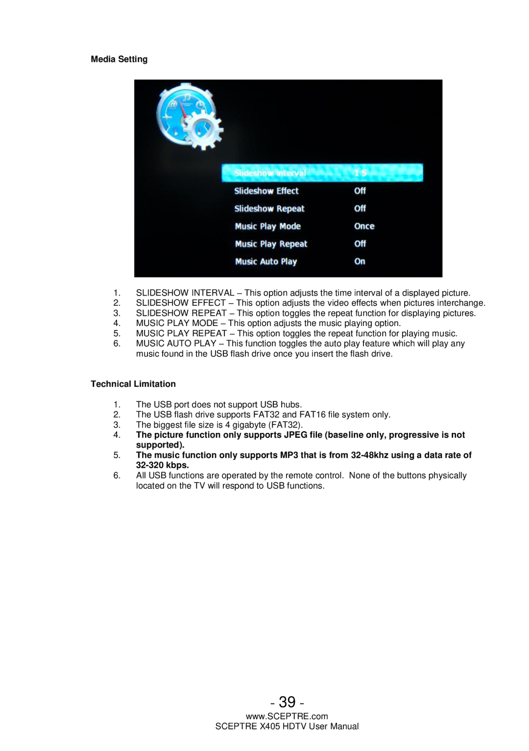 Sceptre Technologies Sceptre LCD HDTV, X405 user manual Media Setting 