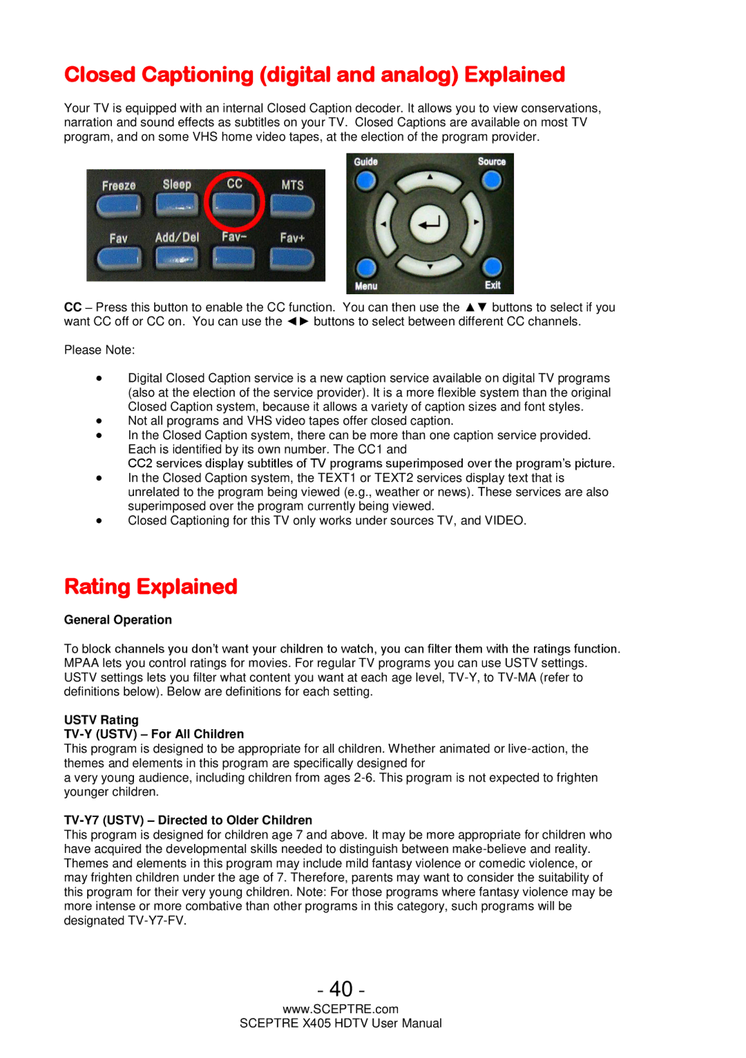 Sceptre Technologies X405, Sceptre LCD HDTV user manual Closed Captioning digital and analog Explained, Rating Explained 