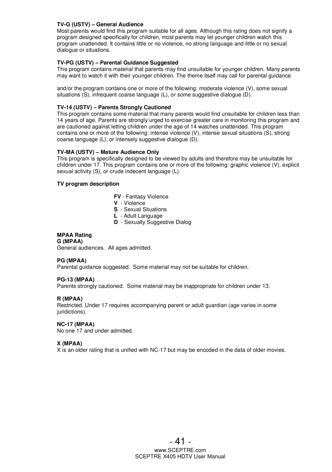 Sceptre Technologies Sceptre LCD HDTV, X405 user manual Mpaa 