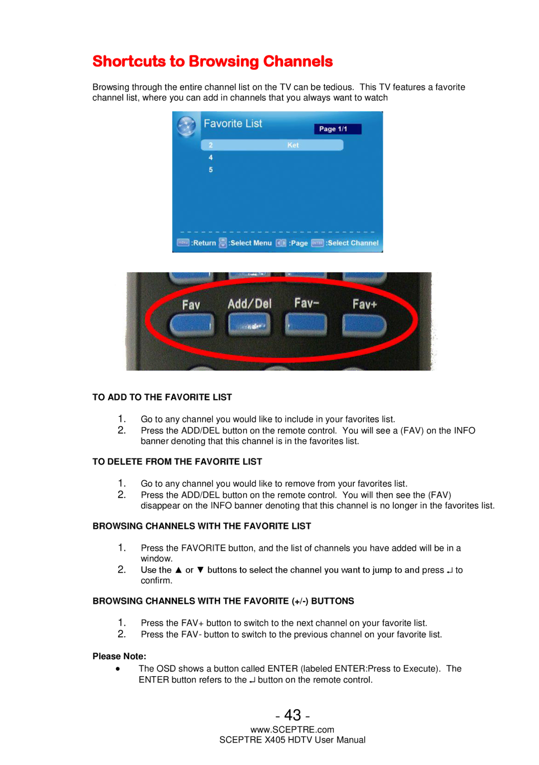 Sceptre Technologies Sceptre LCD HDTV, X405 user manual Shortcuts to Browsing Channels, To ADD to the Favorite List 