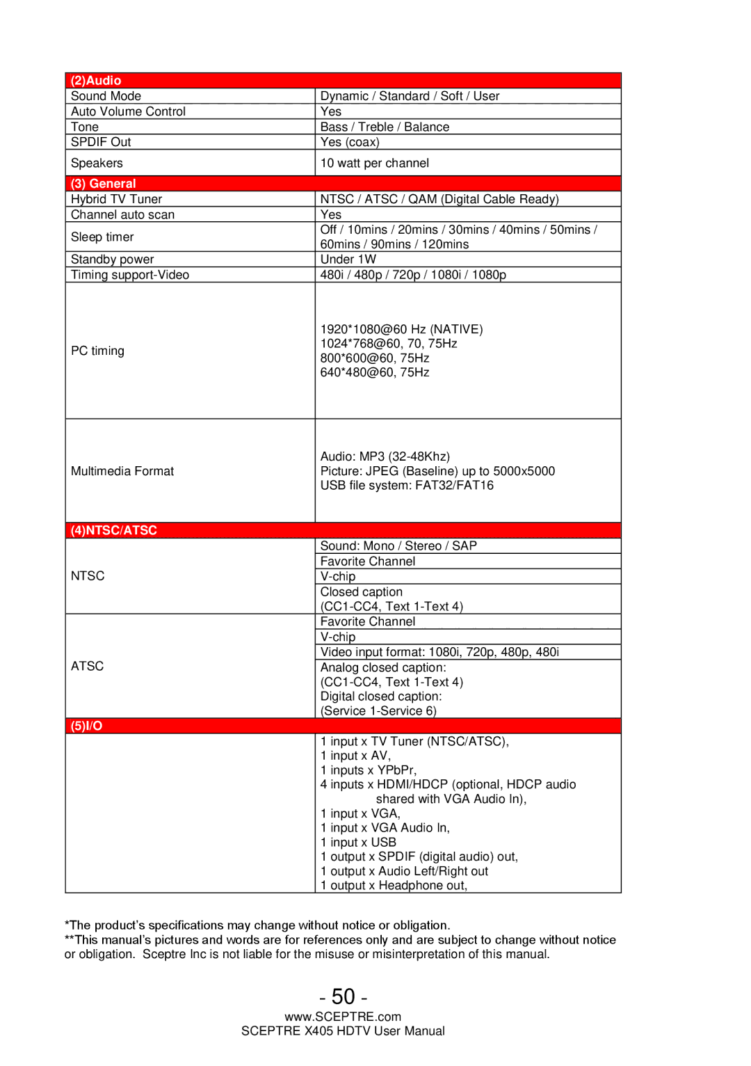 Sceptre Technologies X405, Sceptre LCD HDTV user manual 4NTSC/ATSC 