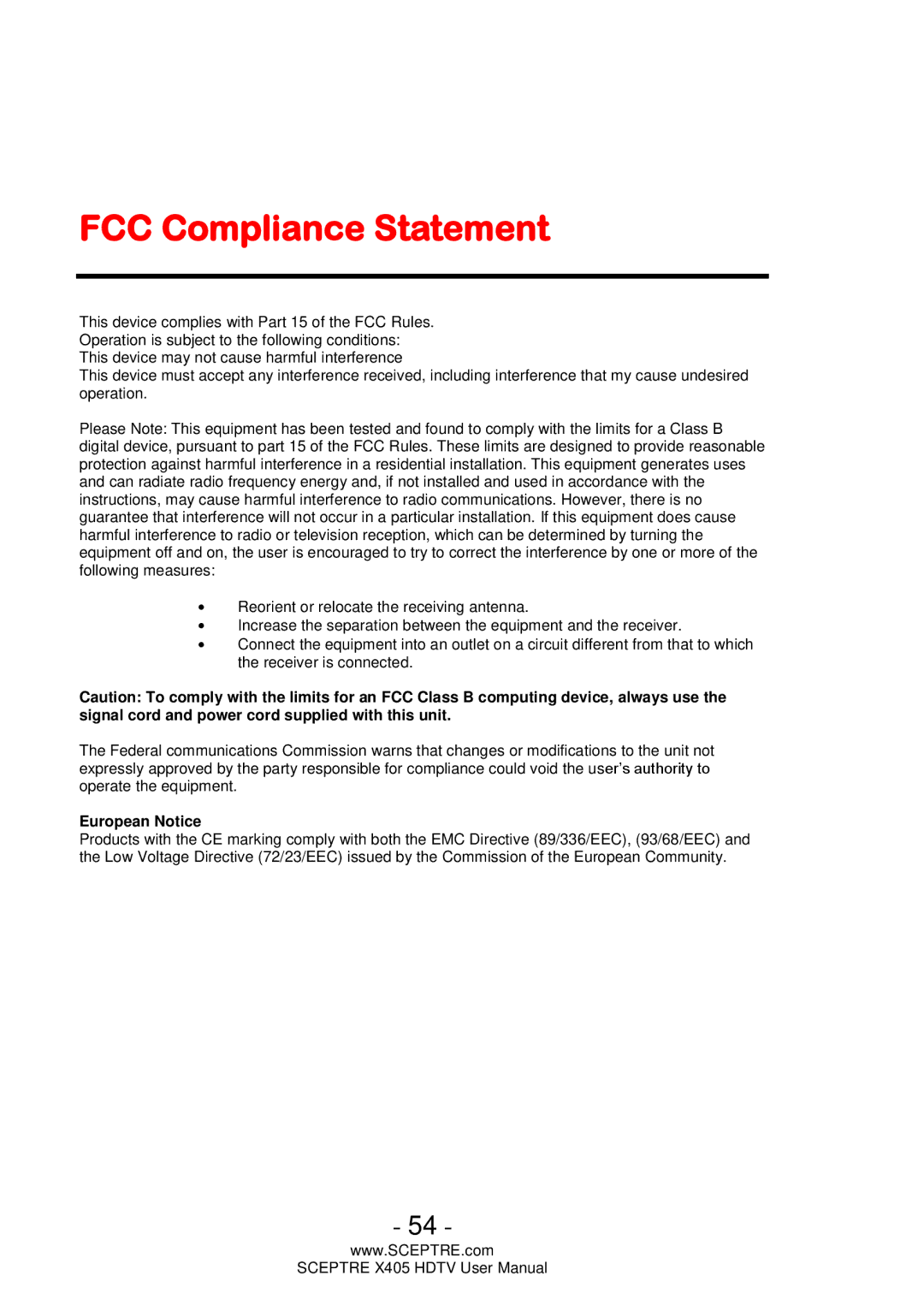 Sceptre Technologies X405, Sceptre LCD HDTV user manual FCC Compliance Statement, European Notice 