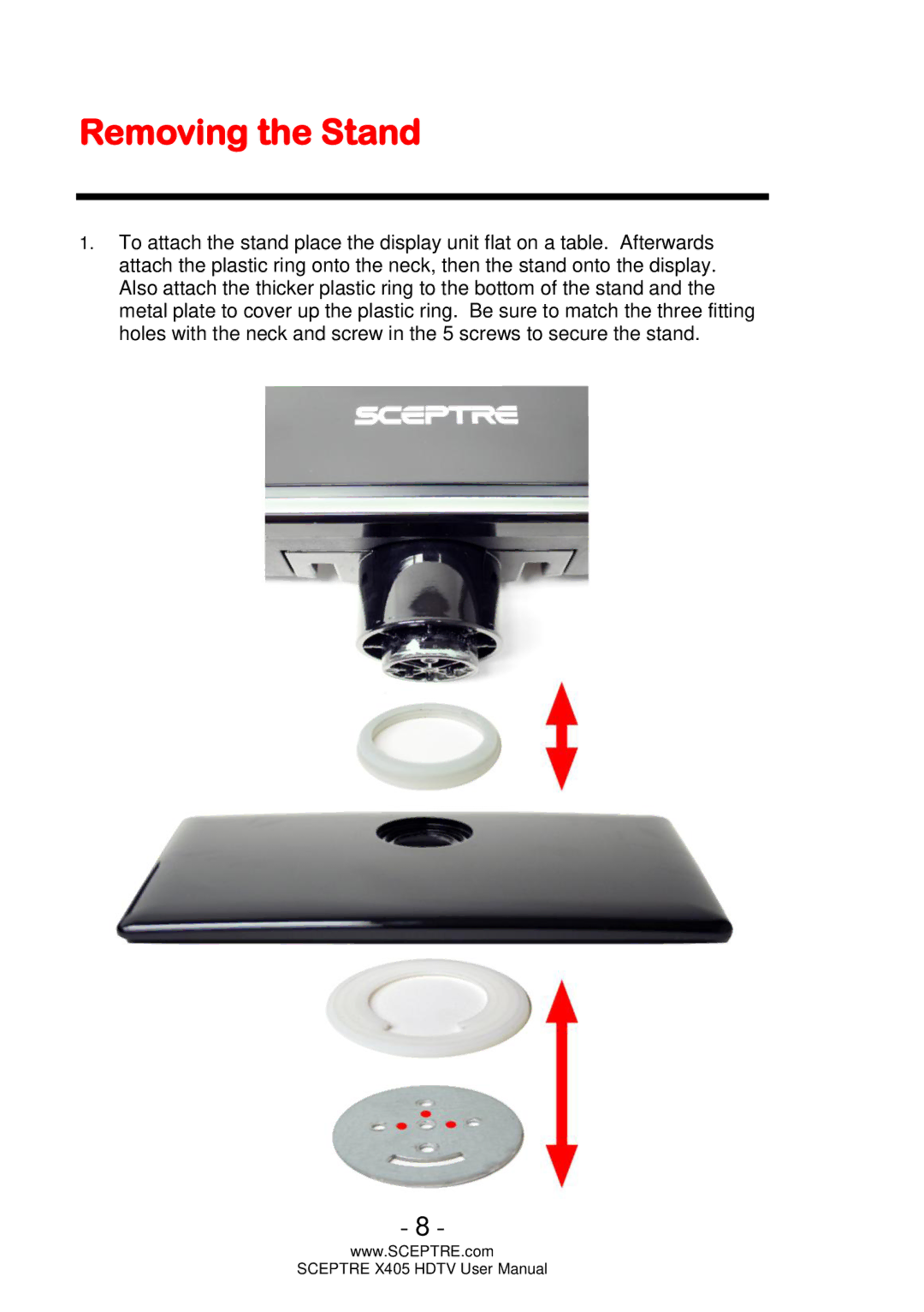 Sceptre Technologies X405, Sceptre LCD HDTV user manual Removing the Stand 