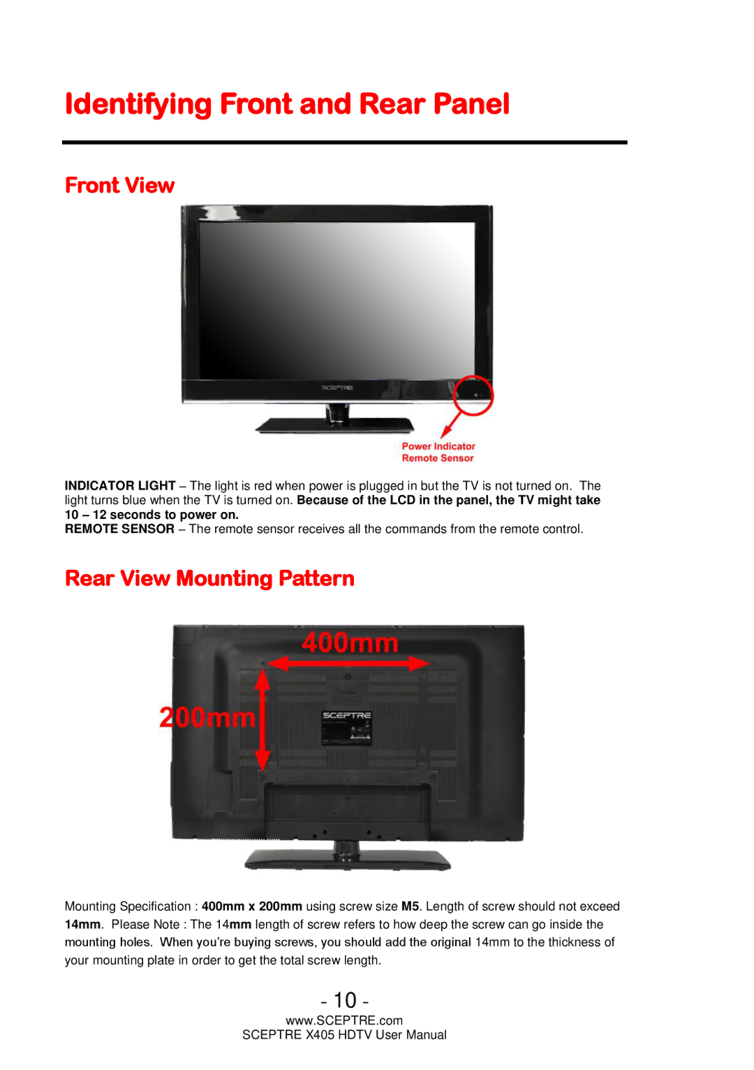 Sceptre Technologies X405 user manual Identifying Front and Rear Panel, Front View, Rear View Mounting Pattern 