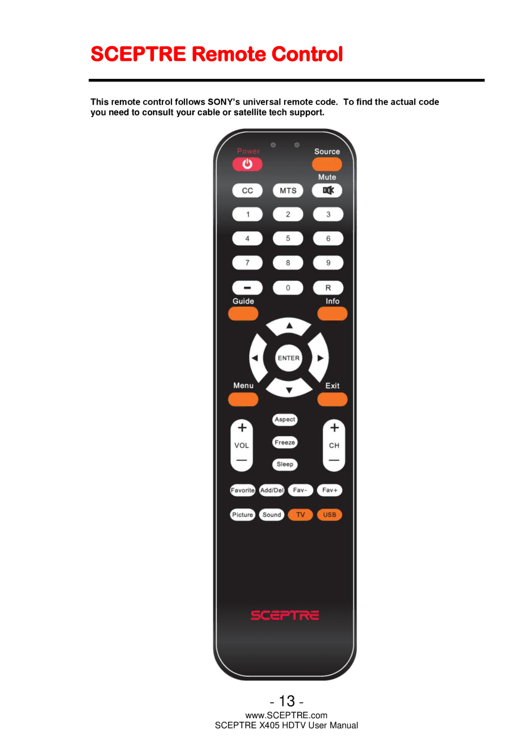 Sceptre Technologies X405 user manual Sceptre Remote Control 