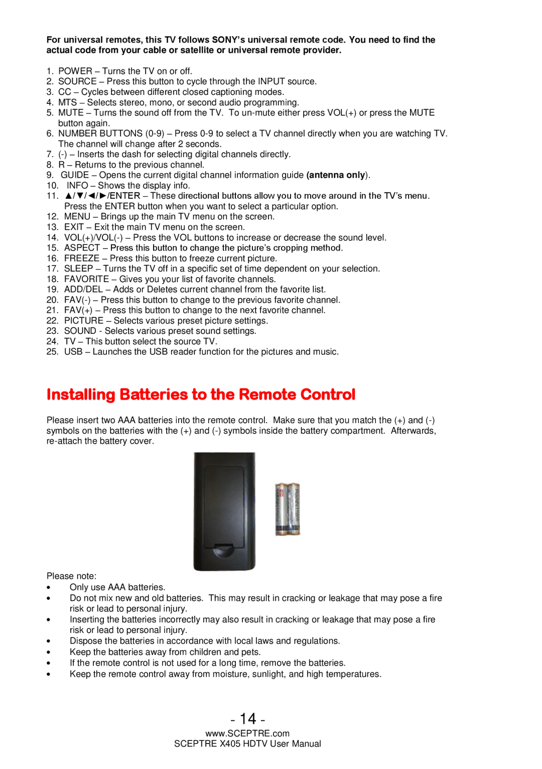 Sceptre Technologies X405 user manual Installing Batteries to the Remote Control 