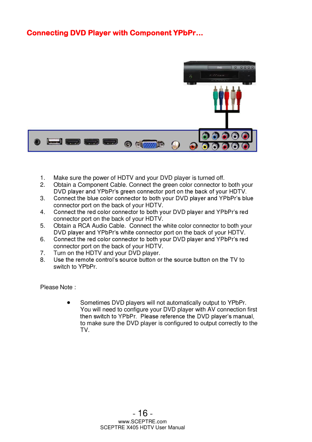 Sceptre Technologies X405 user manual Connecting DVD Player with Component YPbPr… 