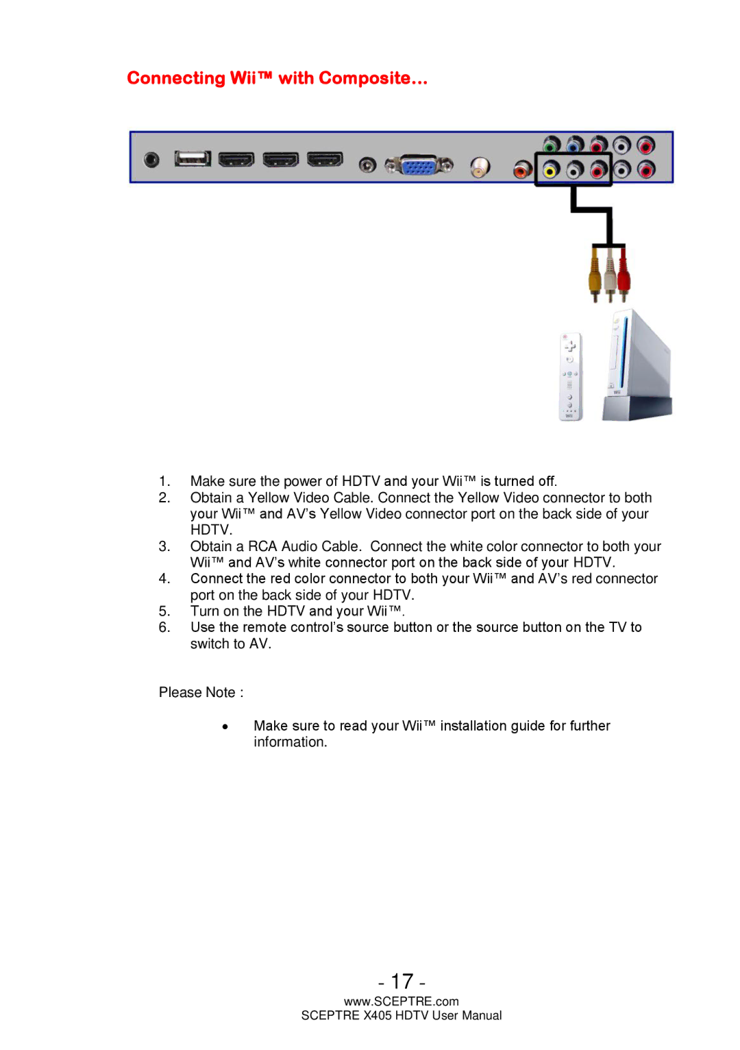 Sceptre Technologies X405 user manual Connecting Wii with Composite… 