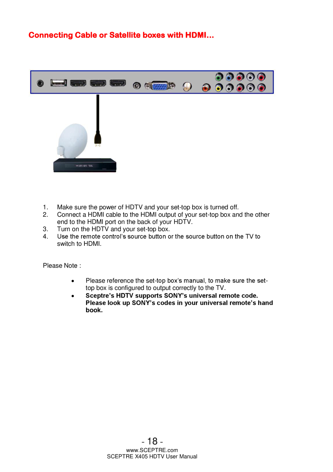 Sceptre Technologies X405 user manual Connecting Cable or Satellite boxes with HDMI… 