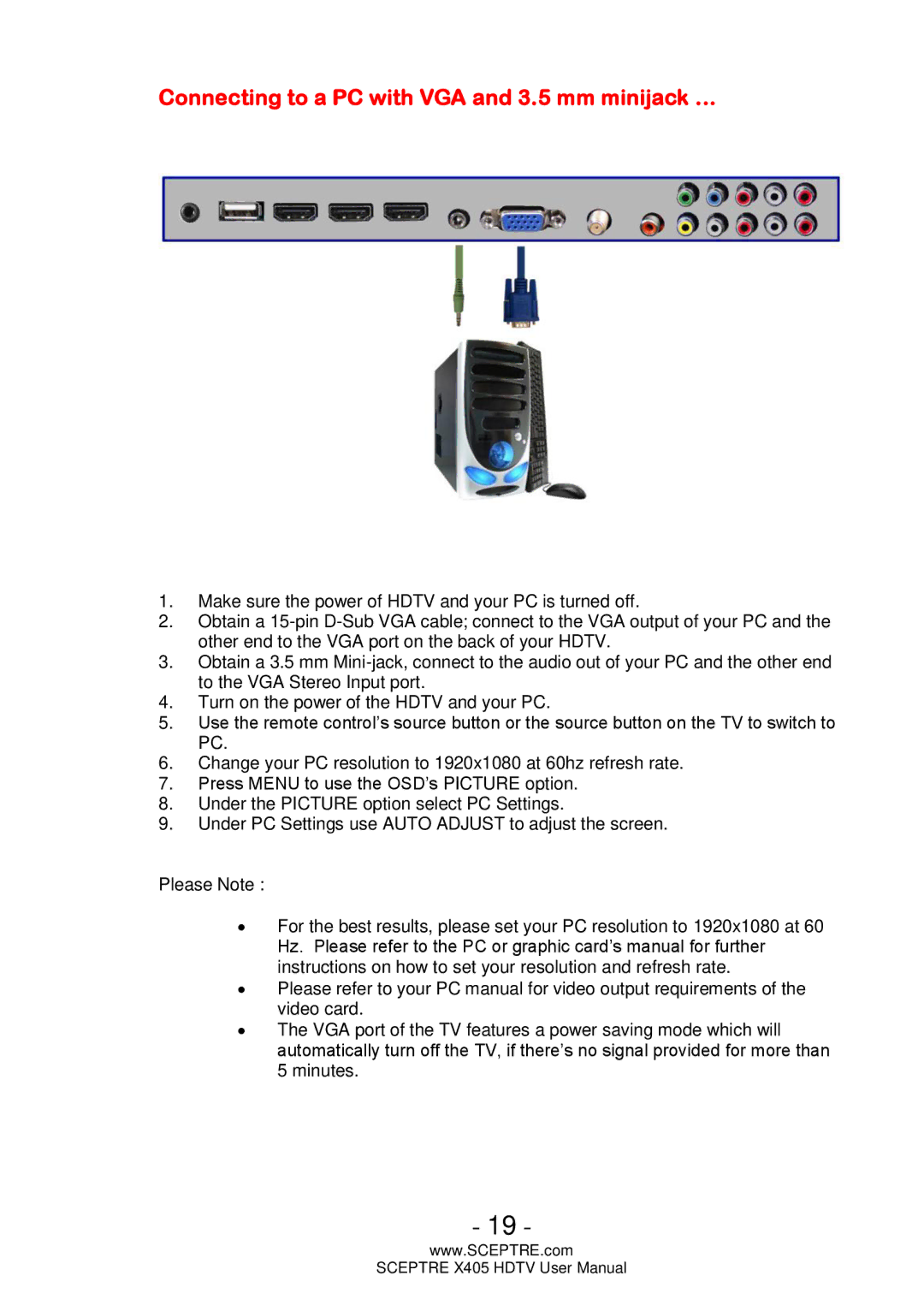 Sceptre Technologies X405 user manual Connecting to a PC with VGA and 3.5 mm minijack … 