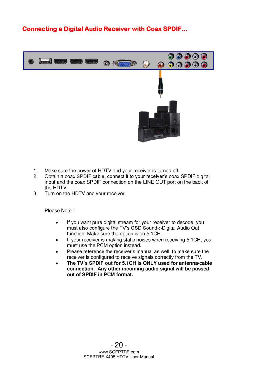 Sceptre Technologies X405 user manual Connecting a Digital Audio Receiver with Coax SPDIF… 