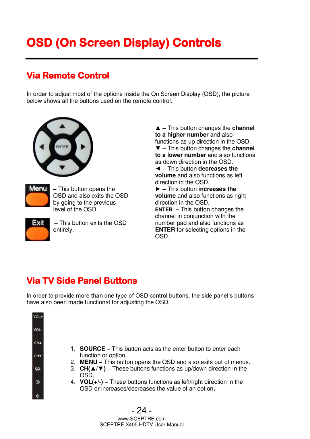 Sceptre Technologies X405 user manual OSD On Screen Display Controls, Via Remote Control, Via TV Side Panel Buttons 