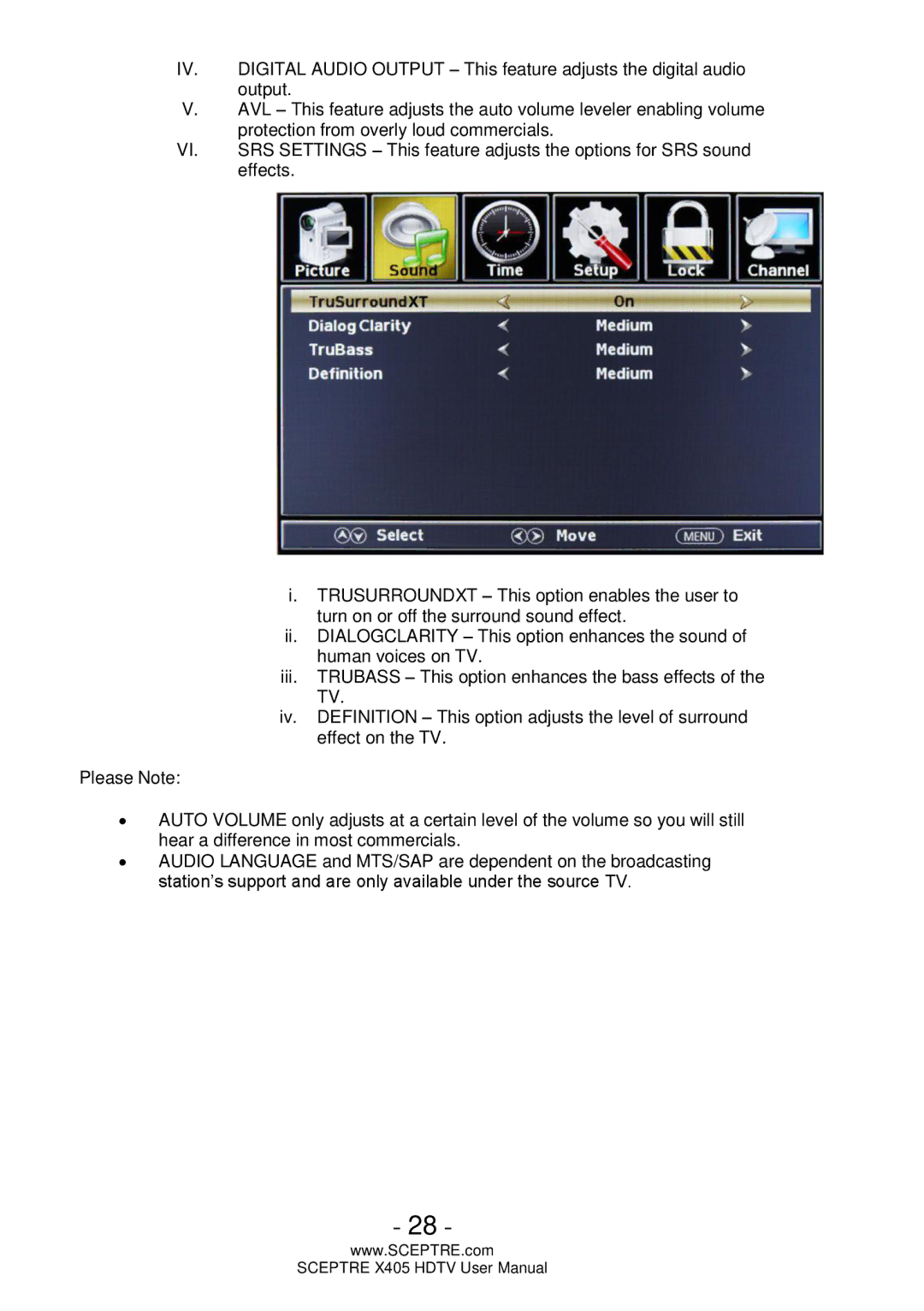 Sceptre Technologies X405 user manual Digital Audio Output This feature adjusts the digital audio 