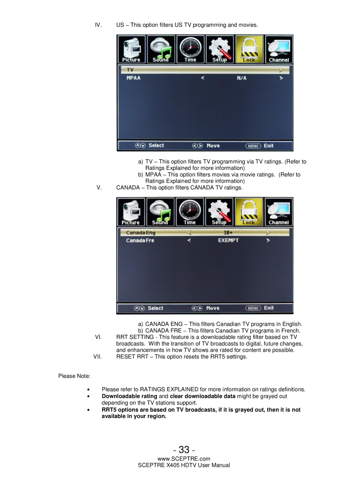 Sceptre Technologies X405 user manual US This option filters US TV programming and movies 