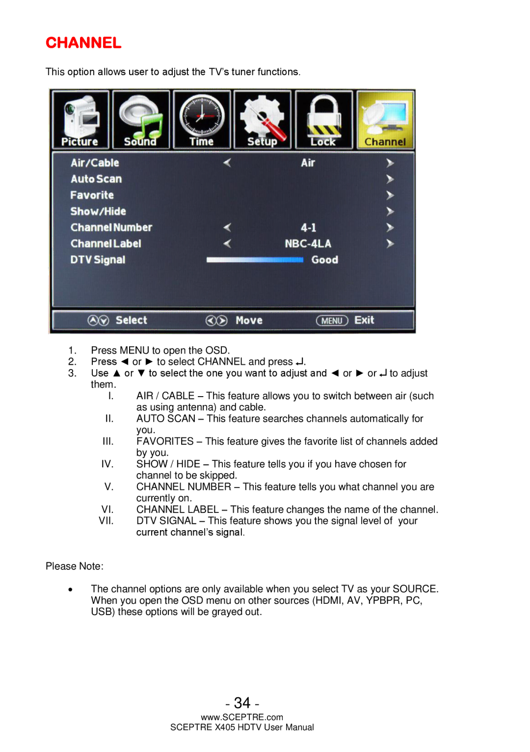 Sceptre Technologies X405 user manual Channel 