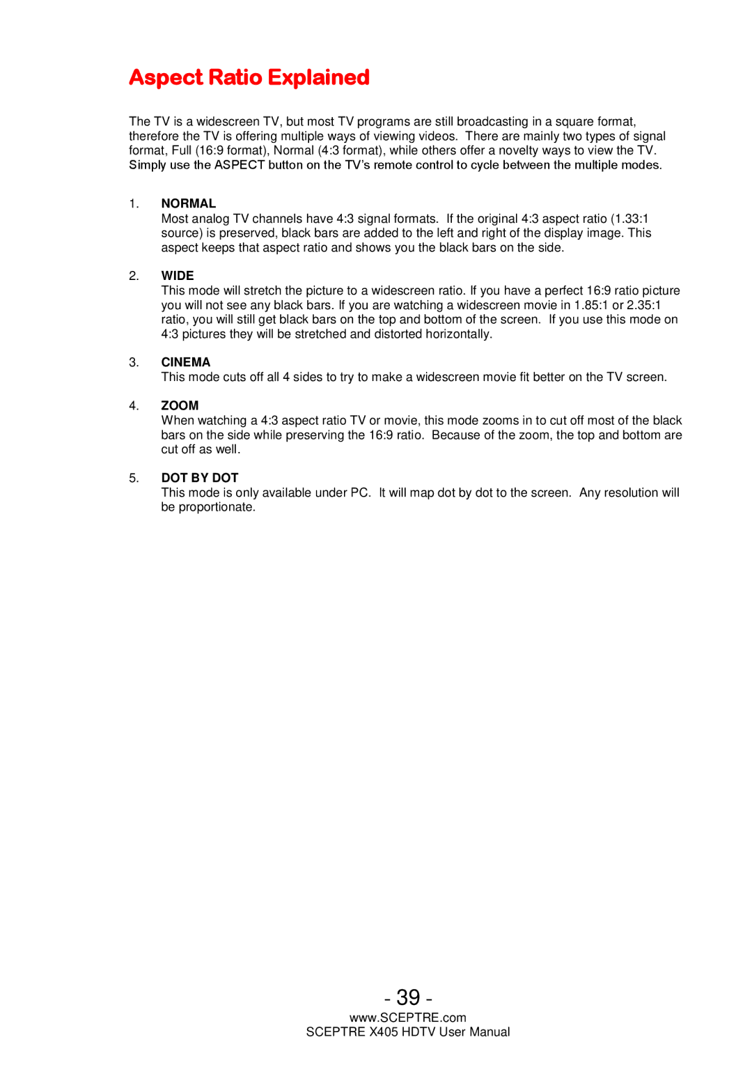 Sceptre Technologies X405 user manual Aspect Ratio Explained, Normal 