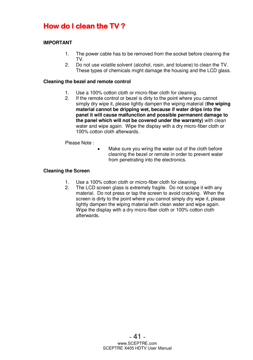 Sceptre Technologies X405 user manual How do I clean the TV ?, Cleaning the bezel and remote control 