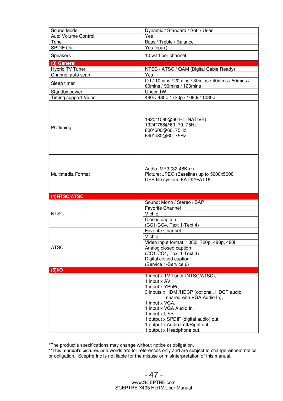 Sceptre Technologies X405 user manual 4NTSC/ATSC 