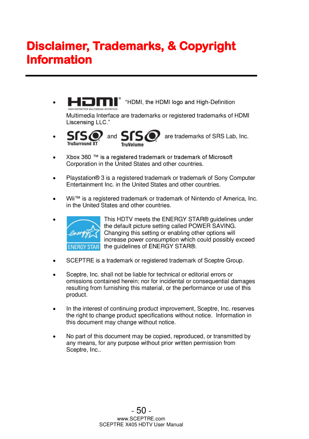 Sceptre Technologies X405 user manual Disclaimer, Trademarks, & Copyright Information 