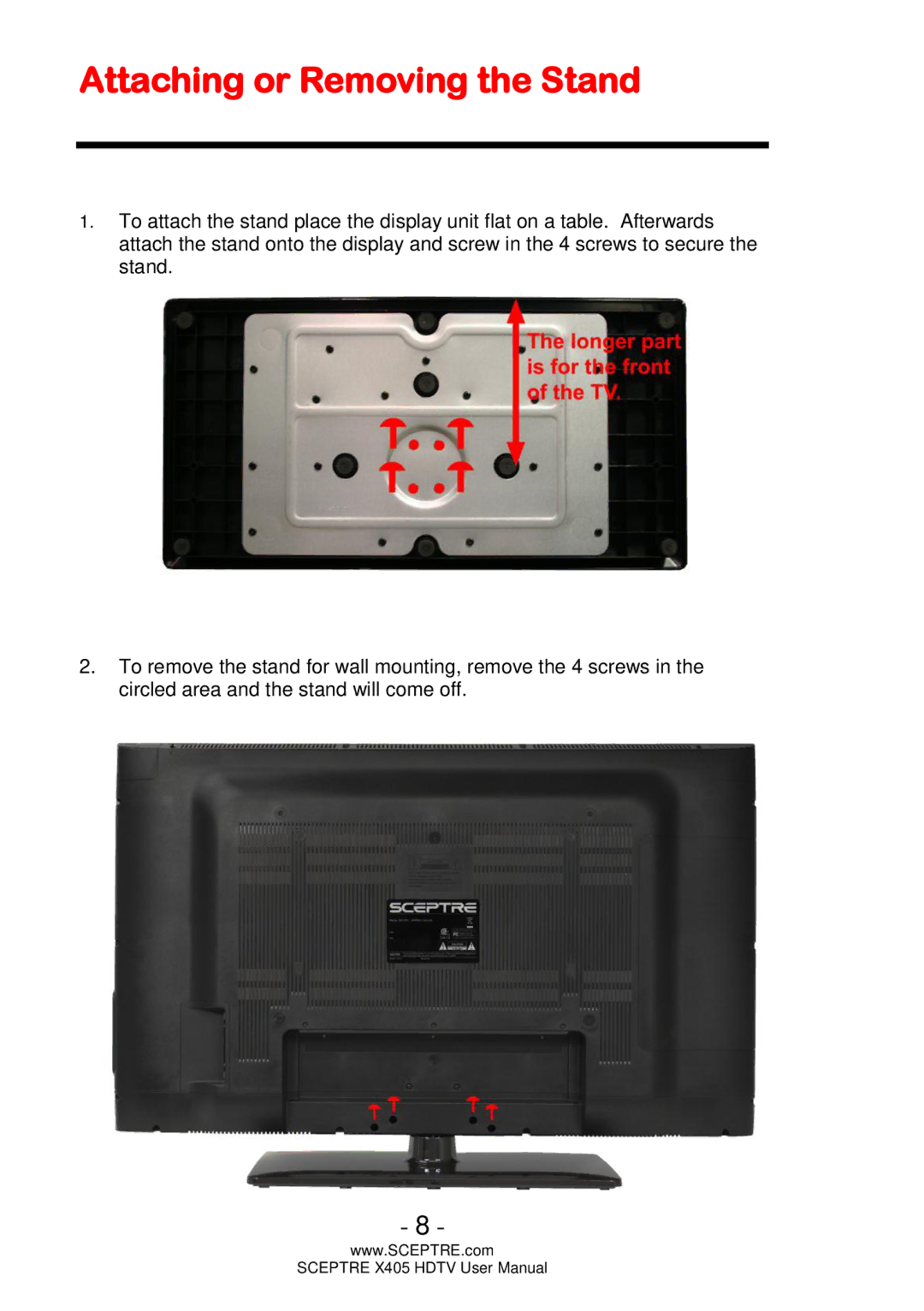 Sceptre Technologies X405 user manual Attaching or Removing the Stand 