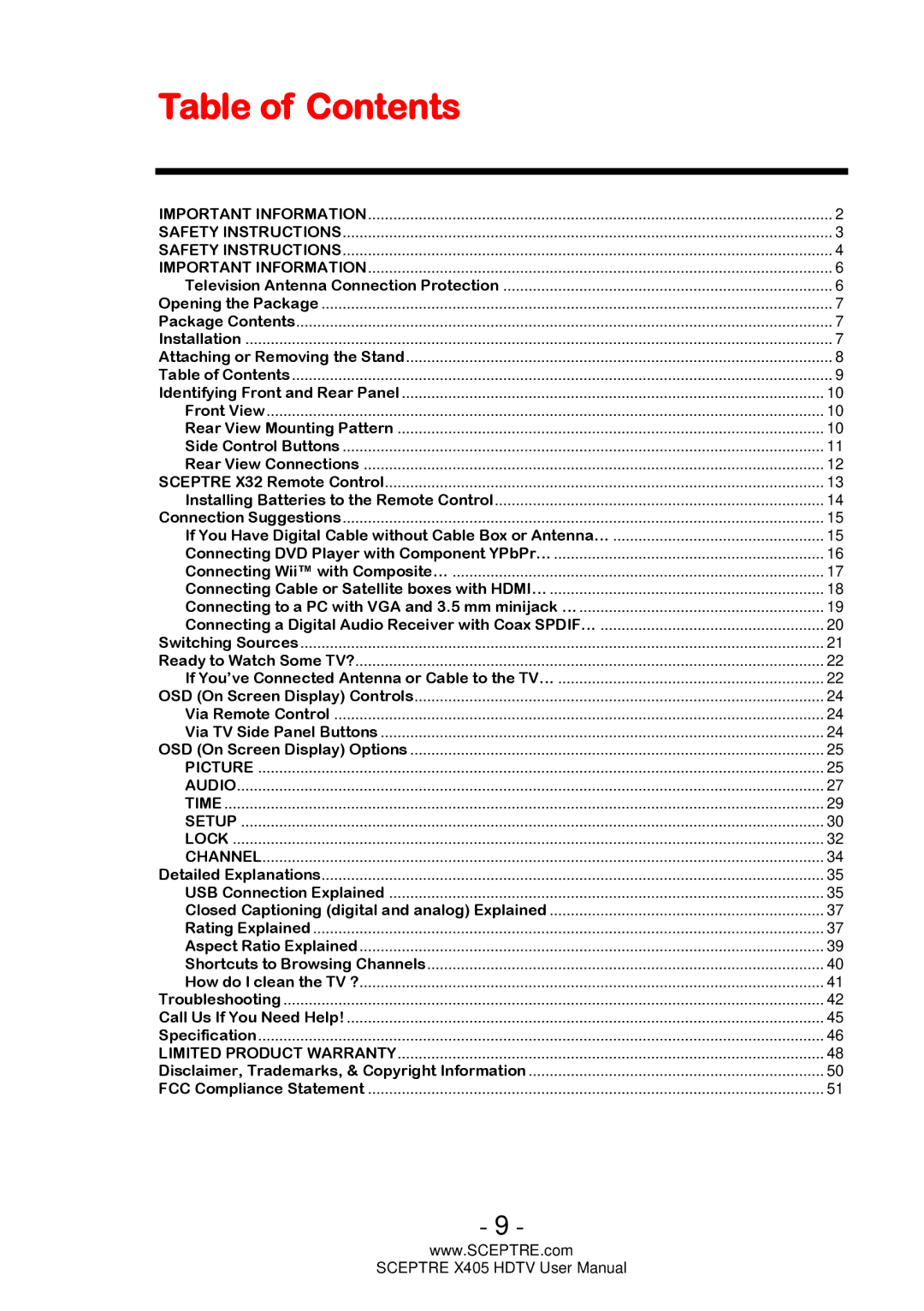 Sceptre Technologies X405 user manual Table of Contents 