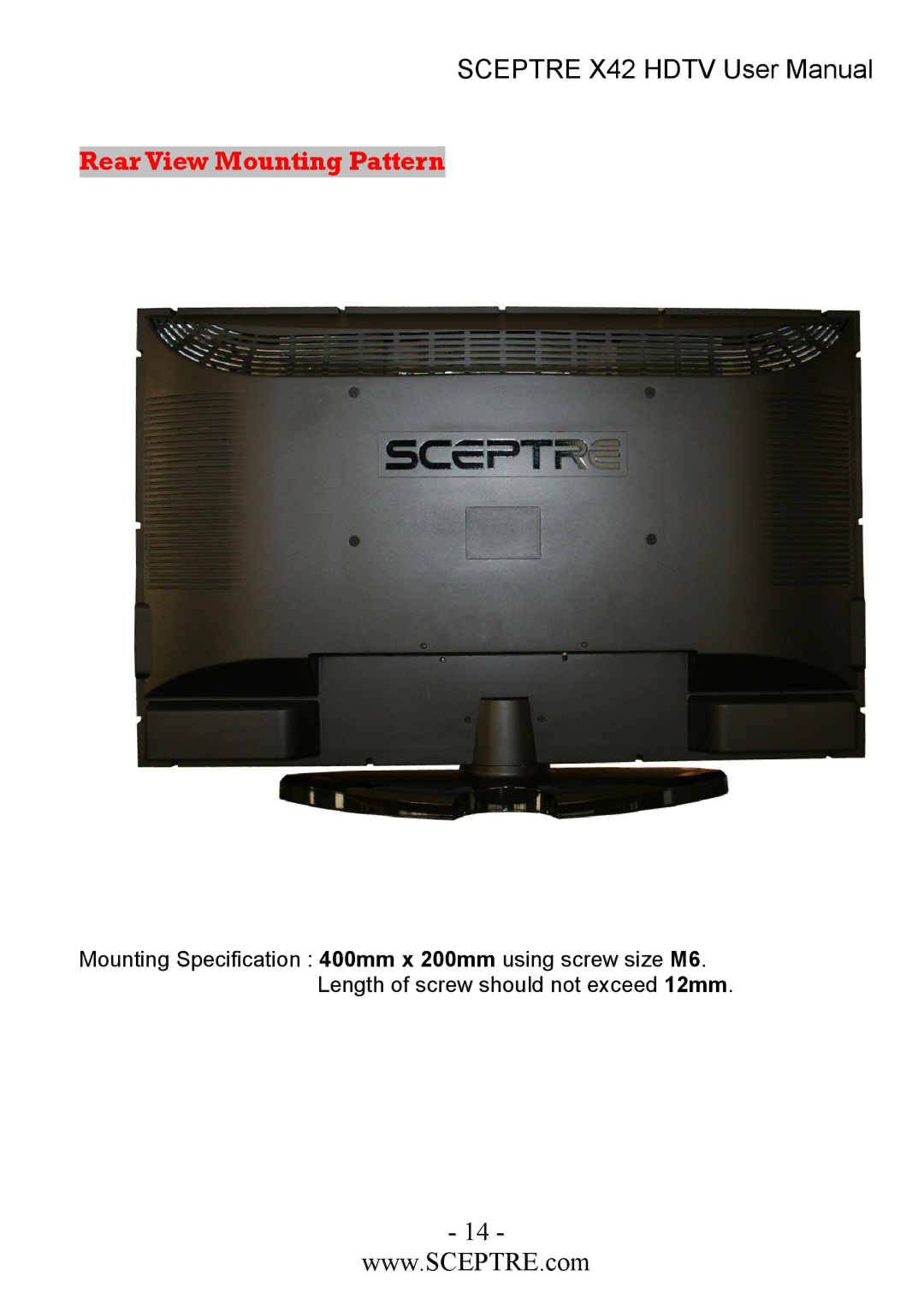 Sceptre Technologies X42 user manual Rear View Mounting Pattern 