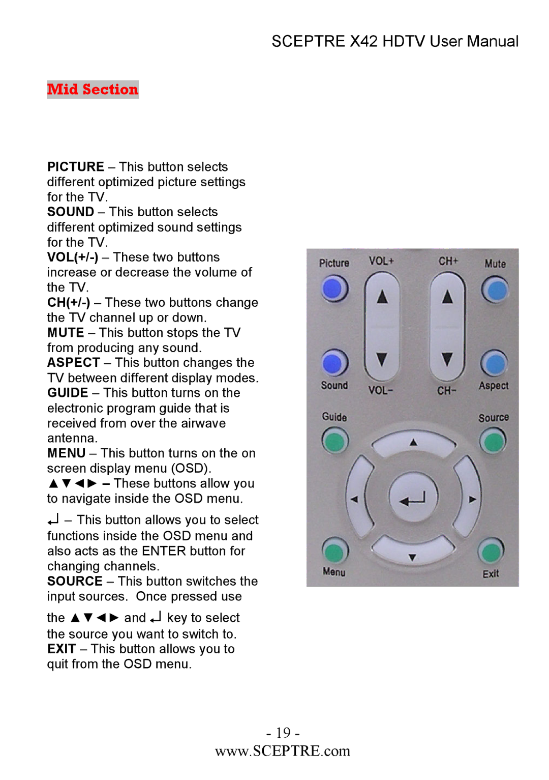 Sceptre Technologies X42 user manual Mid Section 