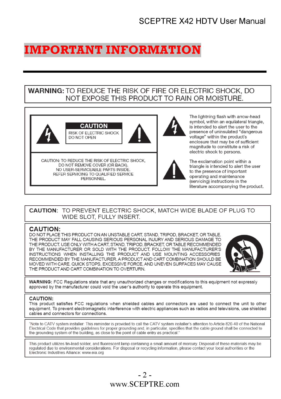 Sceptre Technologies X42 user manual Important Information 