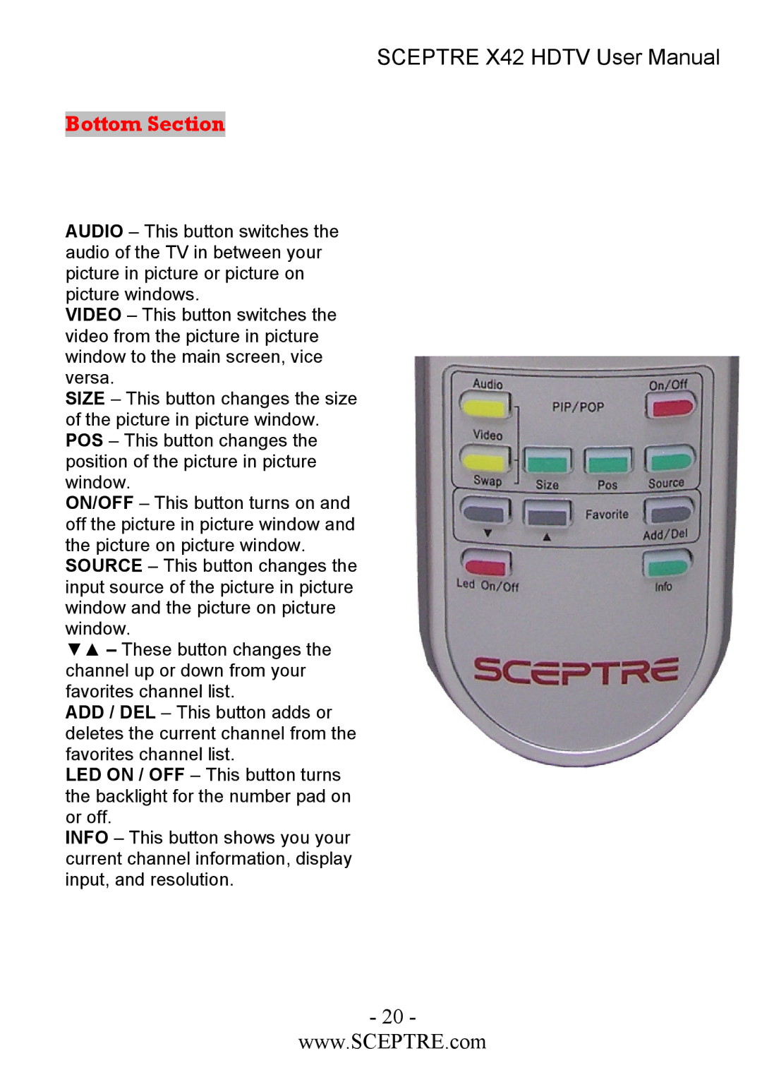 Sceptre Technologies X42 user manual Bottom Section 