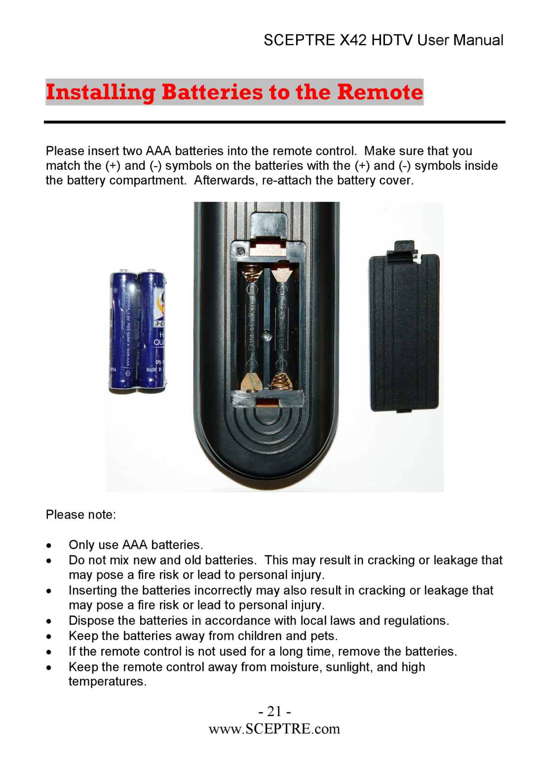 Sceptre Technologies X42 user manual Installing Batteries to the Remote 